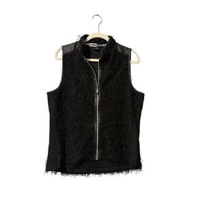 Jamie Sadock Womens Black Eyelash Fringe Faux Leather Trim Golf Vest Large